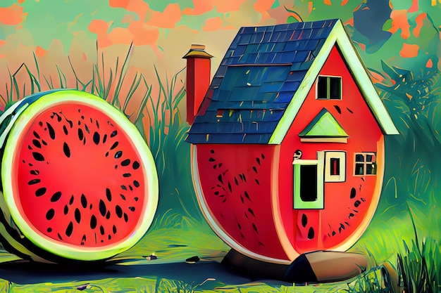 Vue d'une maison faite d'un fruit de pastèque