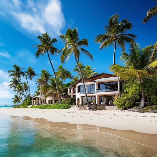 Photo vue de maisons de luxe et d'arbres de coco sur la plage avec un fond de ciel bleu