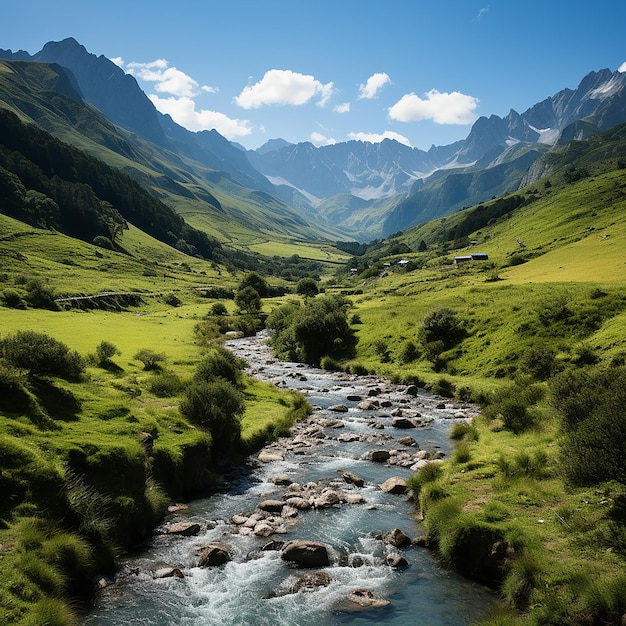 Vue majestueuse de la belle vallée verte et luxuriante avec des arbres et de l'herbe colorée