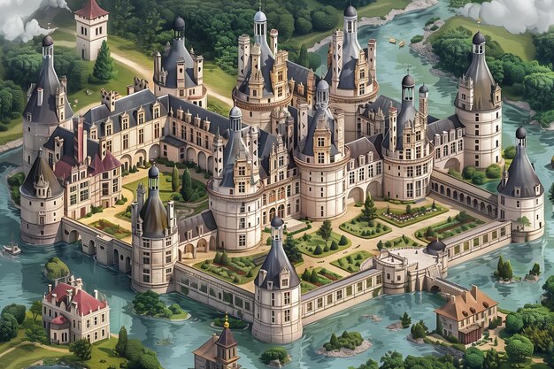 Photo une vue majestueuse du château de chambord flanqué de rivières et de verdure luxuriante dans cet isome généré par l'ia