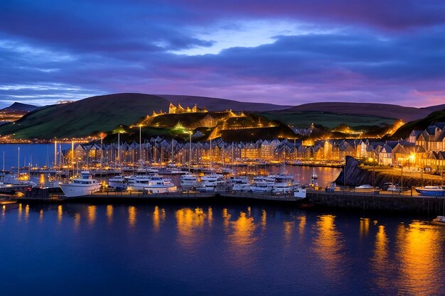 Une vue majestueuse du port de Portree au crépuscule éclairé par le coucher du soleil et les lumières scintillantes