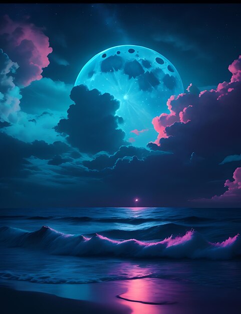 Vue majestueuse de la mer et de la lune la nuit