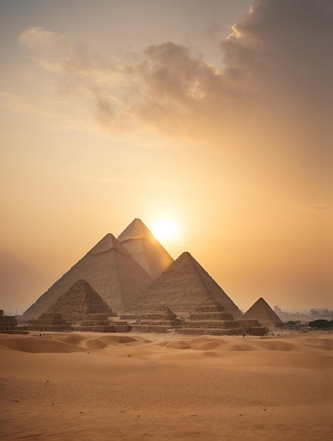 Une vue sur les majestueuses pyramides de Gizeh au coucher du soleil