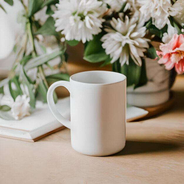 Vue d'une maquette d'une tasse blanche sur une table avec des fleurs