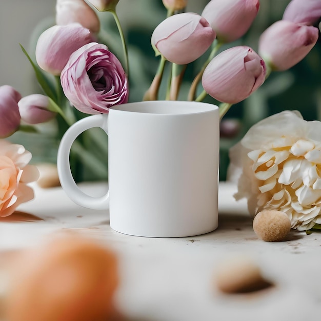 Vue d'une maquette d'une tasse blanche sur une table avec des fleurs