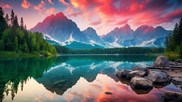 Vue matinale calme du lac Fusine été coloré