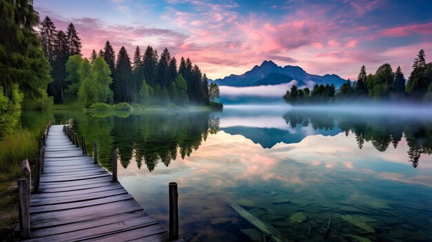 Vue matinale calme du lac Fusine Le lever de soleil d'été coloré Le paysage naturel
