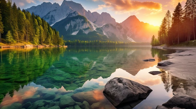 Photo vue matinale calme du lac fusine le lever de soleil d'été coloré le paysage naturel