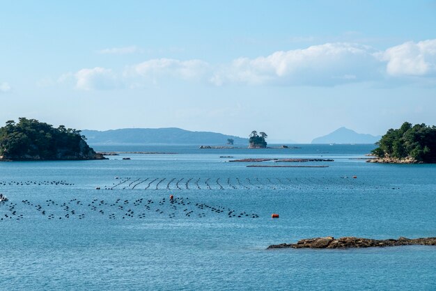 Vue sur la mer bleue et la ferme ostréicole de l&#39;île de Kujuku