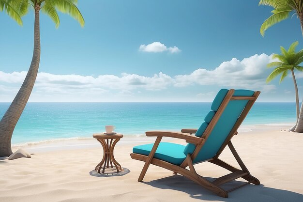 Vue sur la mer avec chaise de plage dans un design solitaire en rendu 3D