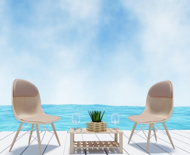 vue sur la mer avec chaise pour vacances ciel bleu en rendu 3D