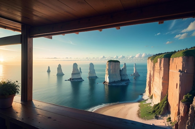 Vue sur la mer depuis une fenêtre d'une maison en bois avec vue sur les falaises et l'océan.