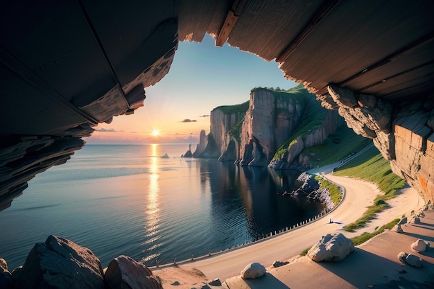 Une vue sur la mer depuis une grotte avec une falaise en arrière-plan.