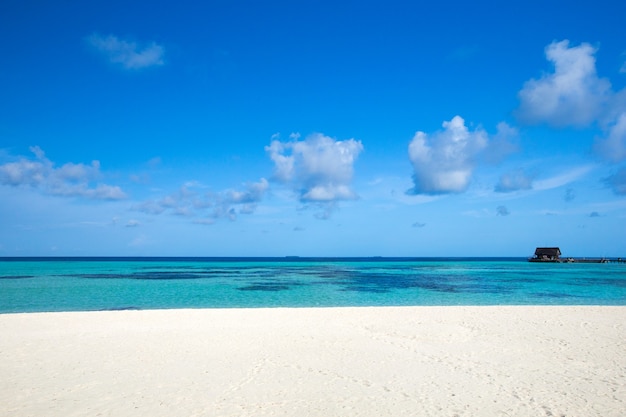 Vue sur la mer depuis la plage tropicale avec ciel ensoleillé