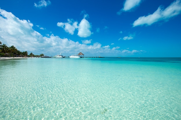 Vue sur la mer depuis la plage tropicale avec ciel ensoleillé