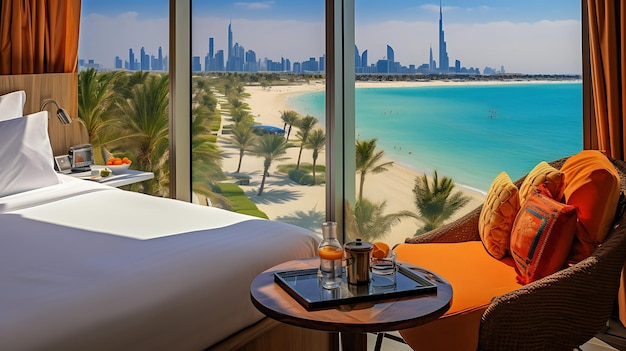 Vue sur la mer de Dubaï à l'intérieur de la pièce grand verre