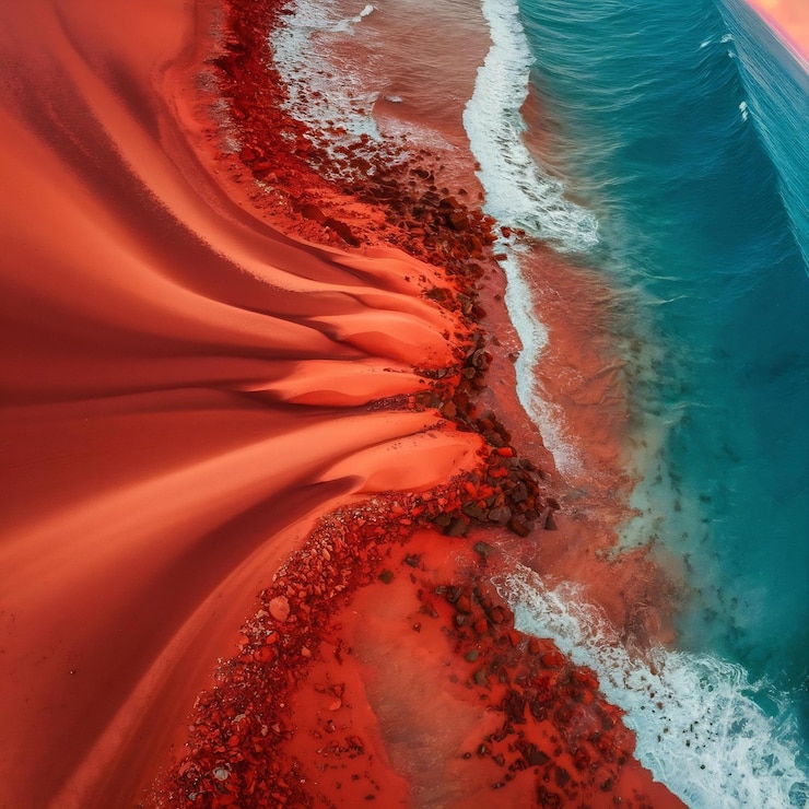 Photo vue de la mer entourée par la côte couverte de sable rouge et de pierres