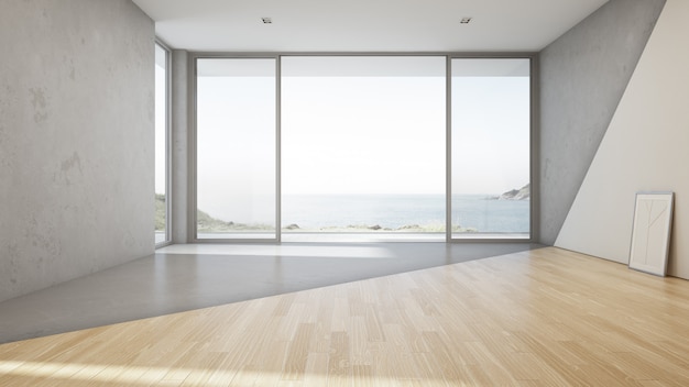 Vue sur la mer grand salon de la maison de plage d'été de luxe avec sol en béton vide