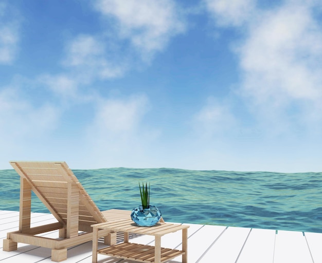 Photo vue sur la mer avec salon de plage pour les vacances en rendu 3d