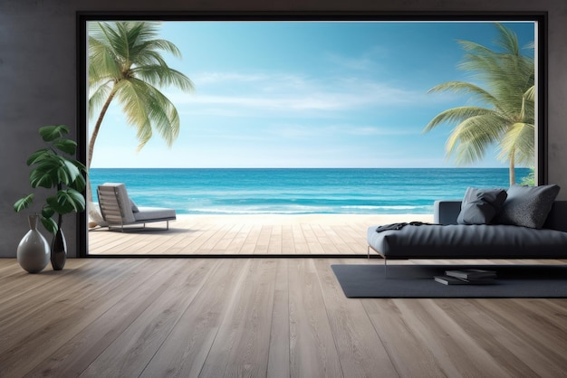 Vue sur la mer vide grand salon de maison de plage d'été de luxe avec terrasse en bois