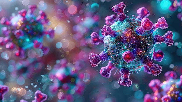 Vue microscopique des anticorps attaquant un virus détaillée et scientifique