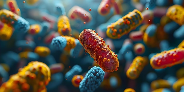 Vue microscopique des bactéries probiotiques dans l'estomac humain, y compris Escherichia Coli et d'autres organismes bénéfiques soutenant la digestion et la santé