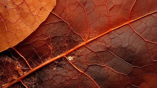 Vue microscopique d'une feuille sèche rougeâtre