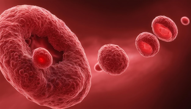 Vue microscopique d'un globule rouge avec un globule blanc en arrière-plan