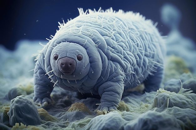 Vue microscopique d'un tardigrade et de certaines bactéries en gros plan génératif AI