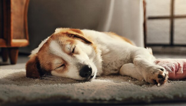 Photo vue d'un mignon chien qui dort paisiblement à la maison