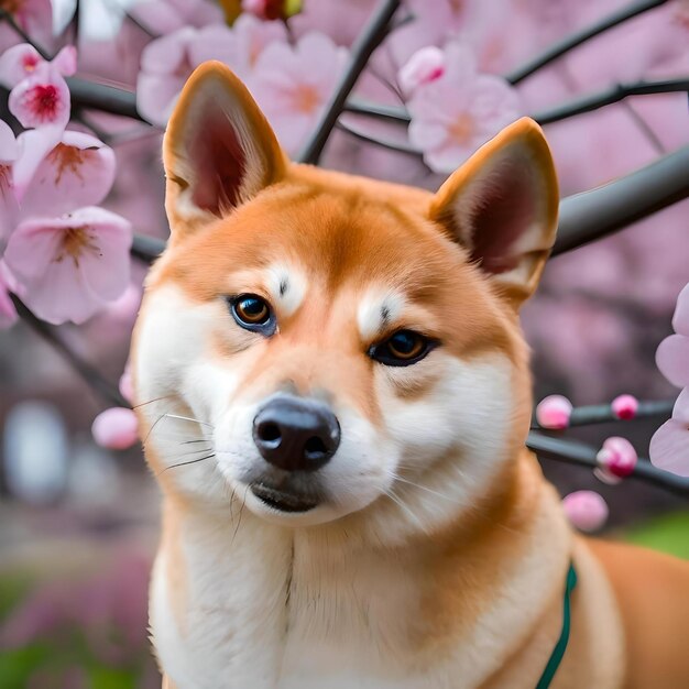 Photo vue d'un mignon chiot avec des fleurs de cerisier en arrière-plan