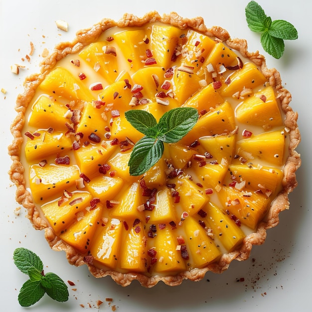 Photo vue minimaliste du haut d'une tarte à la noix de coco à la mangue isolée