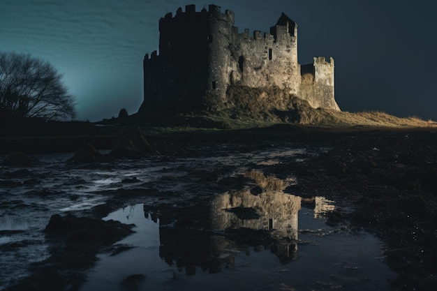 Photo vue de minuit sur un château désert et effrayant