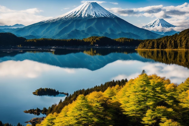 Photo vue sur le mont fuji depuis le lac et les arbres verts