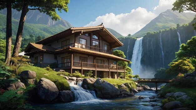 Vue sur la montagne avec cascade et maison