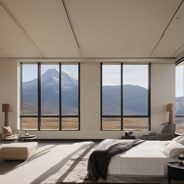 Vue sur la montagne dans la fenêtre de la maison de luxe