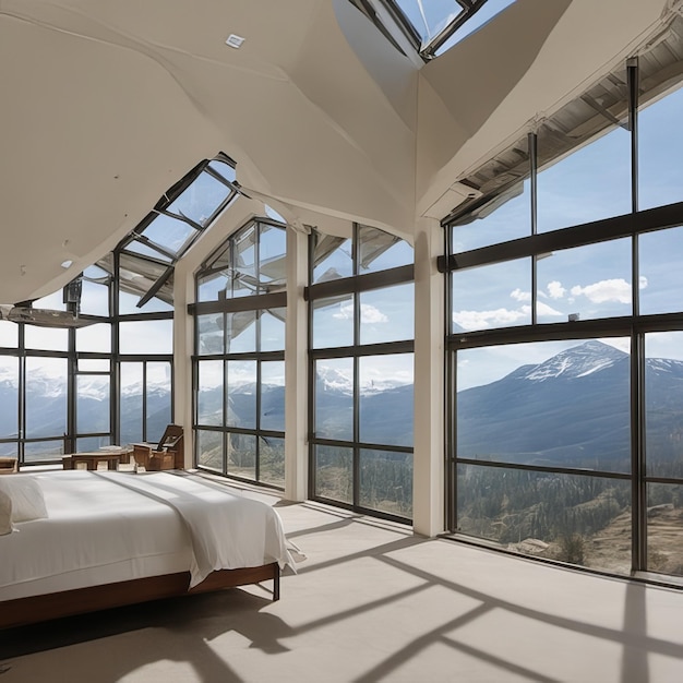 Vue sur la montagne dans la fenêtre de la maison de luxe