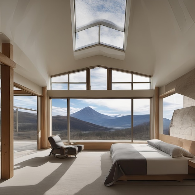 Vue sur la montagne dans la fenêtre de la maison de luxe