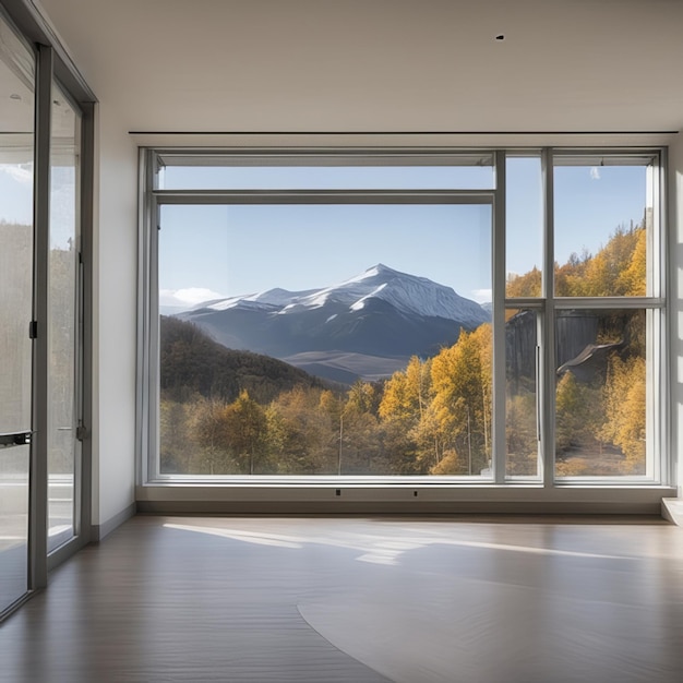 Vue sur la montagne dans la fenêtre de la maison moderne