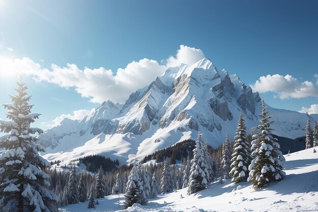 Photo vue d'une montagne enneigée et de sapins sur le fond bleu du ciel