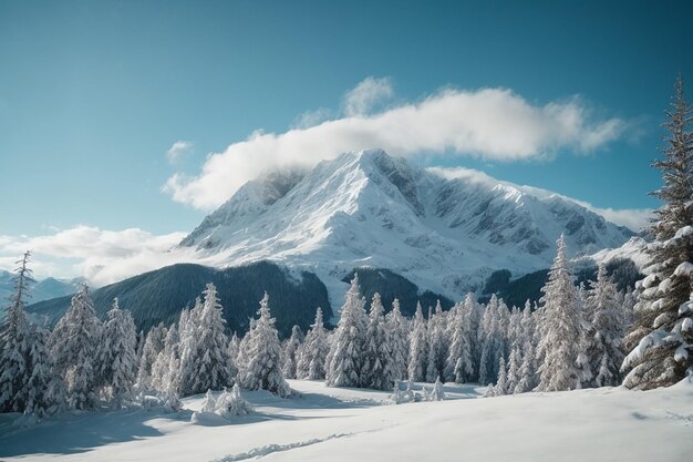 vue d'une montagne enneigée et de sapins sur le fond bleu du ciel