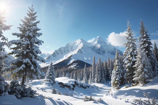 vue d'une montagne enneigée et de sapins sur le fond bleu du ciel