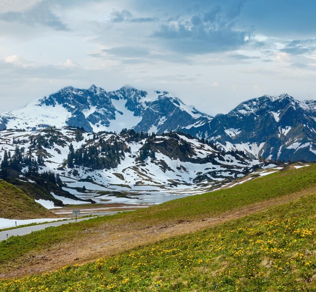 Vue sur la montagne d'été jusqu'au petit lac Kalbelesee et prairie de dégel de la neige Warth Vorarlberg Autriche