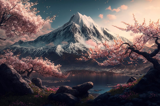 Vue sur la montagne avec des fleurs de cerisier au premier plan, ai créative