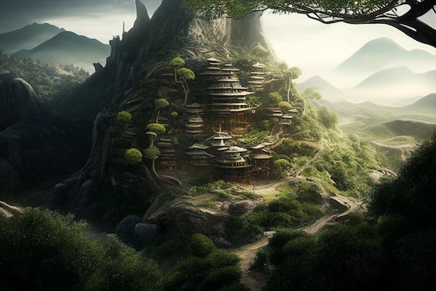 Vue sur la montagne d'une montagne avec pagode au premier plan ai générative