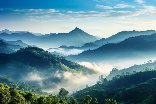 une vue sur les montagnes et la brume