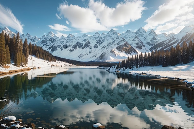 Vue de montagnes enneigées remplies d'arbres à côté d'un lac calme en plein jour