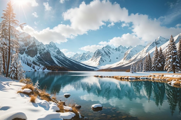 Vue de montagnes enneigées remplies d'arbres à côté d'un lac calme en plein jour