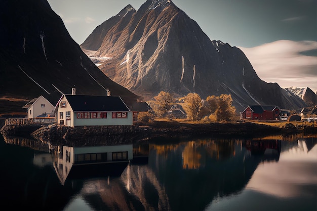 Vue sur les montagnes et les maisons en norvège illustration 3d AI générative