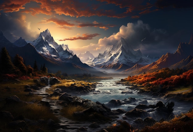 une vue sur les montagnes avec des nuages dans le ciel et une rivière au milieu du champ dans le style des paysages atmosphériques et maussades de max rive